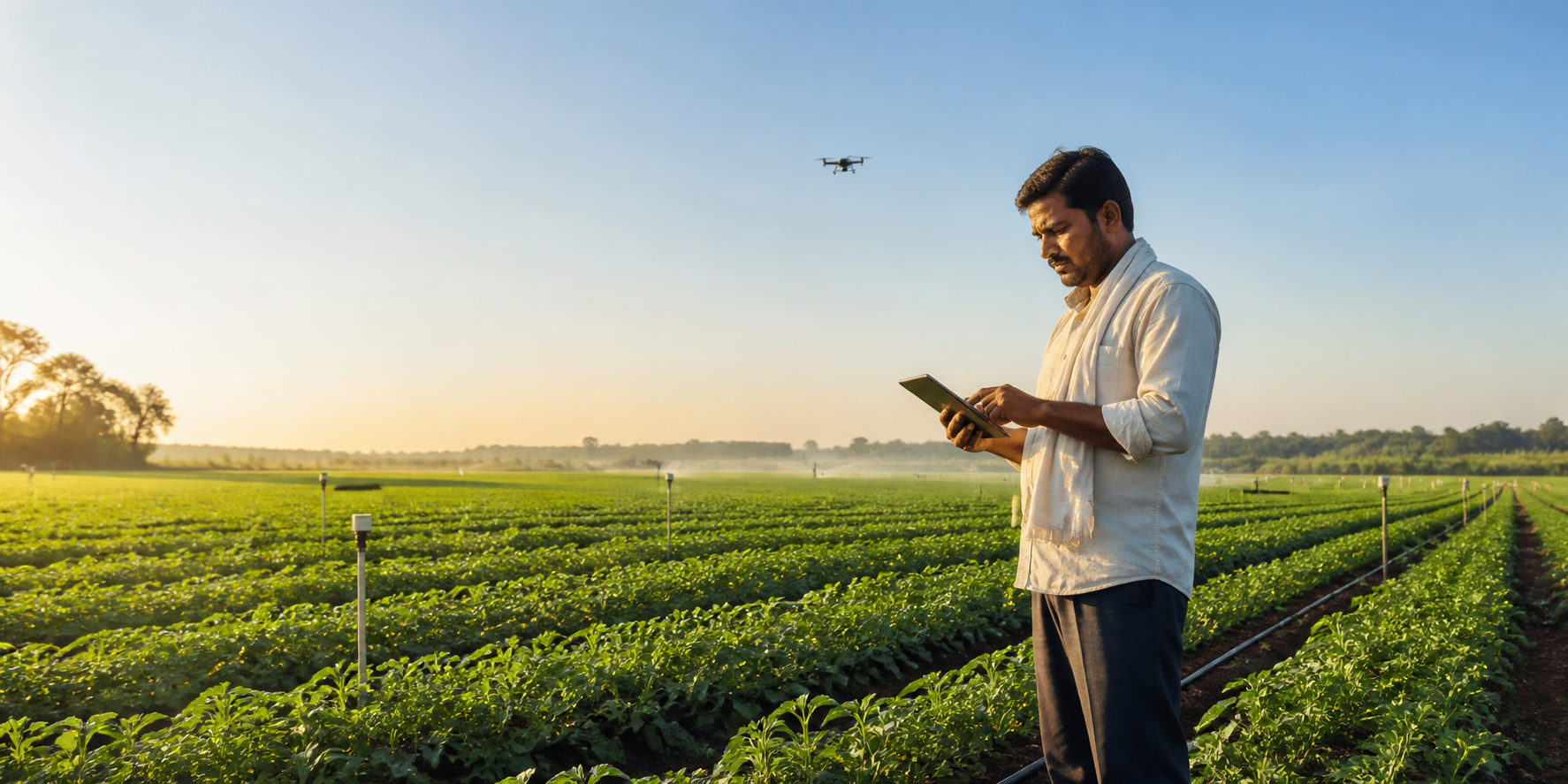 A farmer using connected agriculture technology in a green crop field